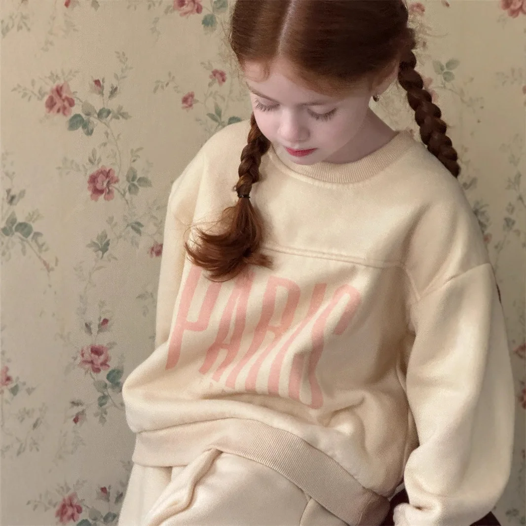 

Kids Girls Winter Two Piece Suit Letter Printed Plus Fleece Toddler Girls Pullovers Tops+Yellow Elastic Waist Infant Girls Pant