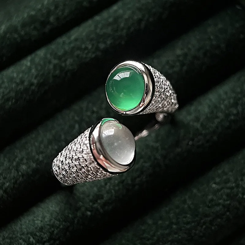 Jewelry Live Streaming Hot Selling 925 Silver Plated Inlaid High Ice Green Chalcedony Personalized Round Egg Surface 6.0 Agate