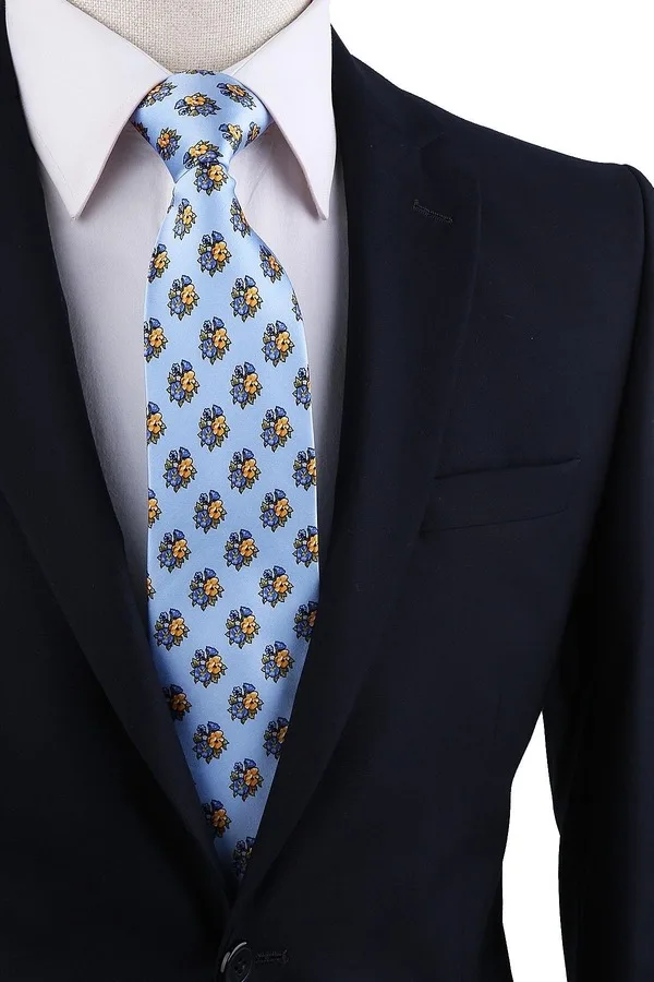 Blue Flower Pattern Printed Silk Tie İK616