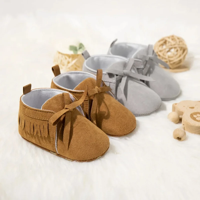 2025 Newborn Baby Infant Boy Girl Classical Lace-up Tassels Suede Soft Anti-slip Toddler Crib Crawl Shoes Kids Fashion Shoes
