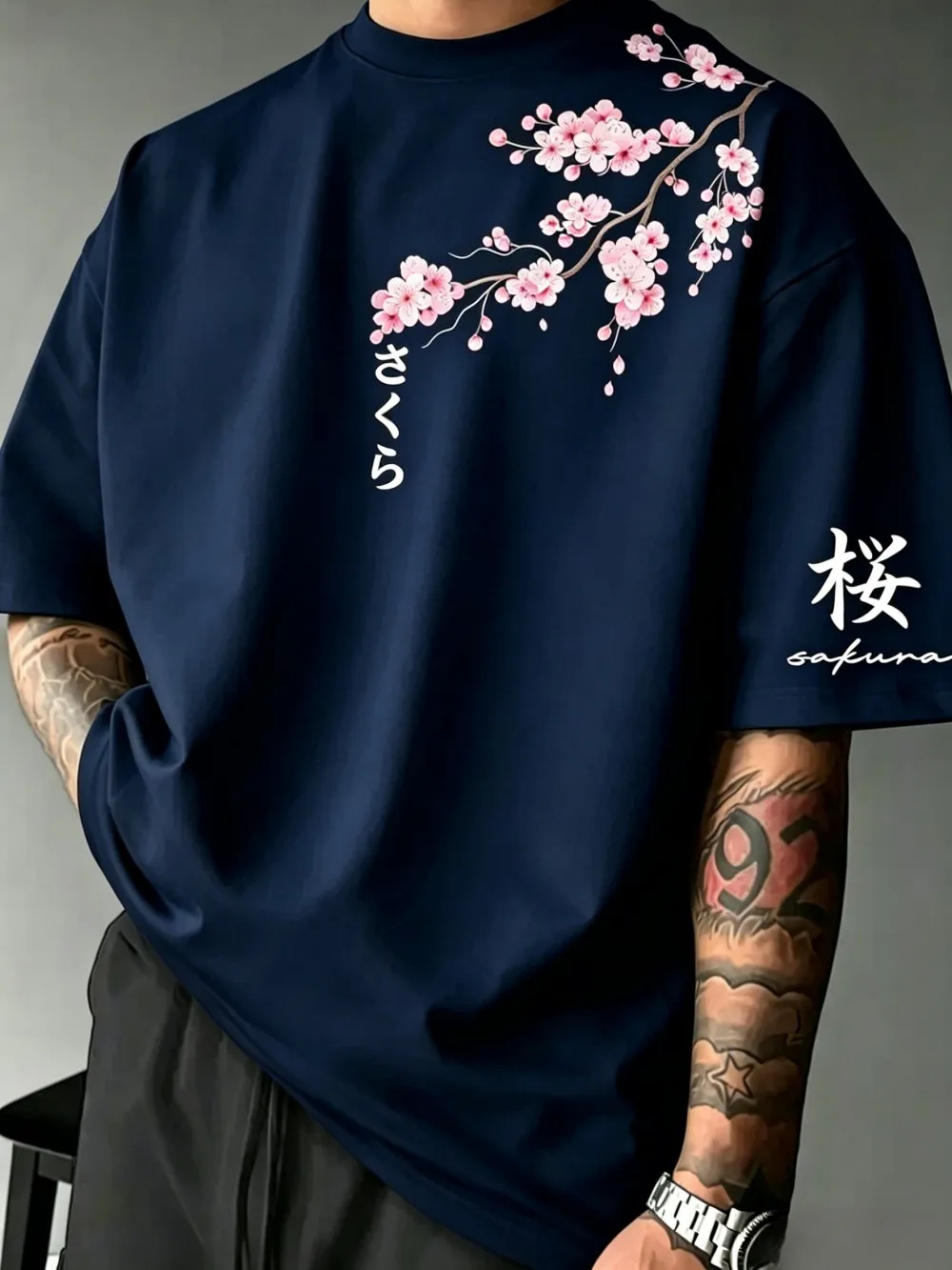 European and American Men's Summer Cherry Blossom Letter Print Comfortable and Breathable Round Neck T-Shirt Outdoor Street Top