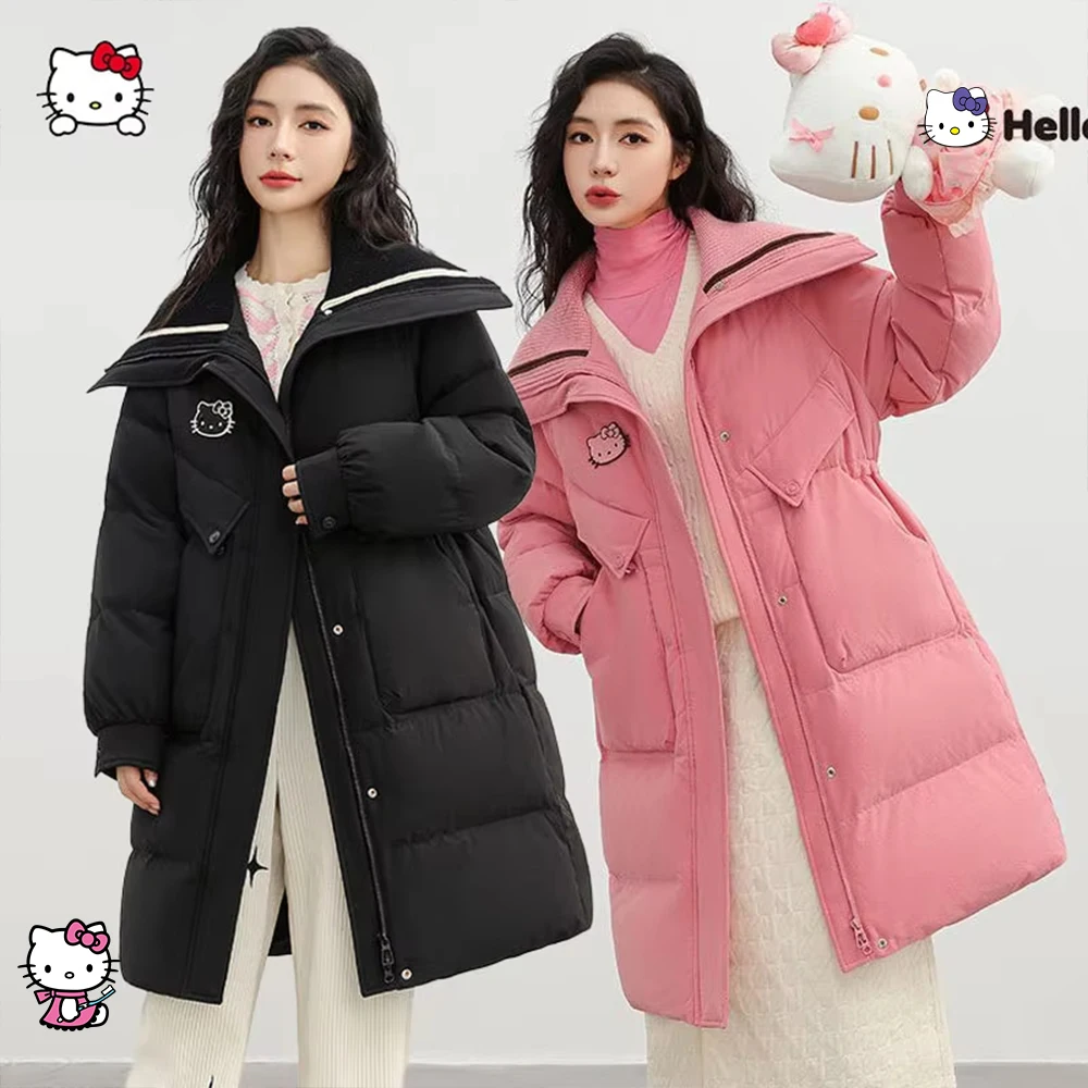 

Women Winter Hello Kittys White Duck Down Jacket Fluffy Thickness Warm Long Puffer Coat Female Fashion Cute Parkas Sweet Outwear