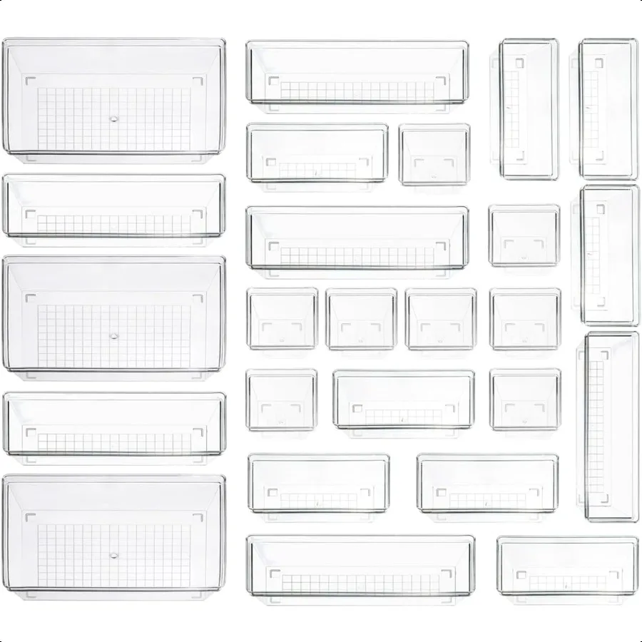 

Clear Plastic Drawer Organizer Storage 25Pcs 4 Size Desk Bathroom Kitchen Organizers and Accessories Office Organization Vanity