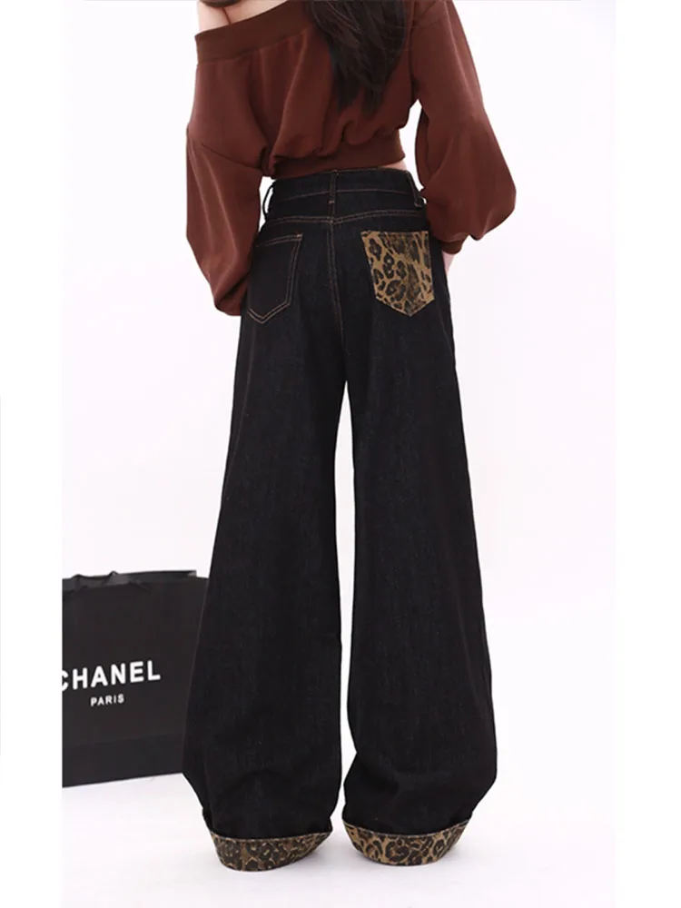 

American High Waist Black Wide Leg Denim Jeans Women's Spring New Vintage Loose Floor-Length Straight Leg Pants