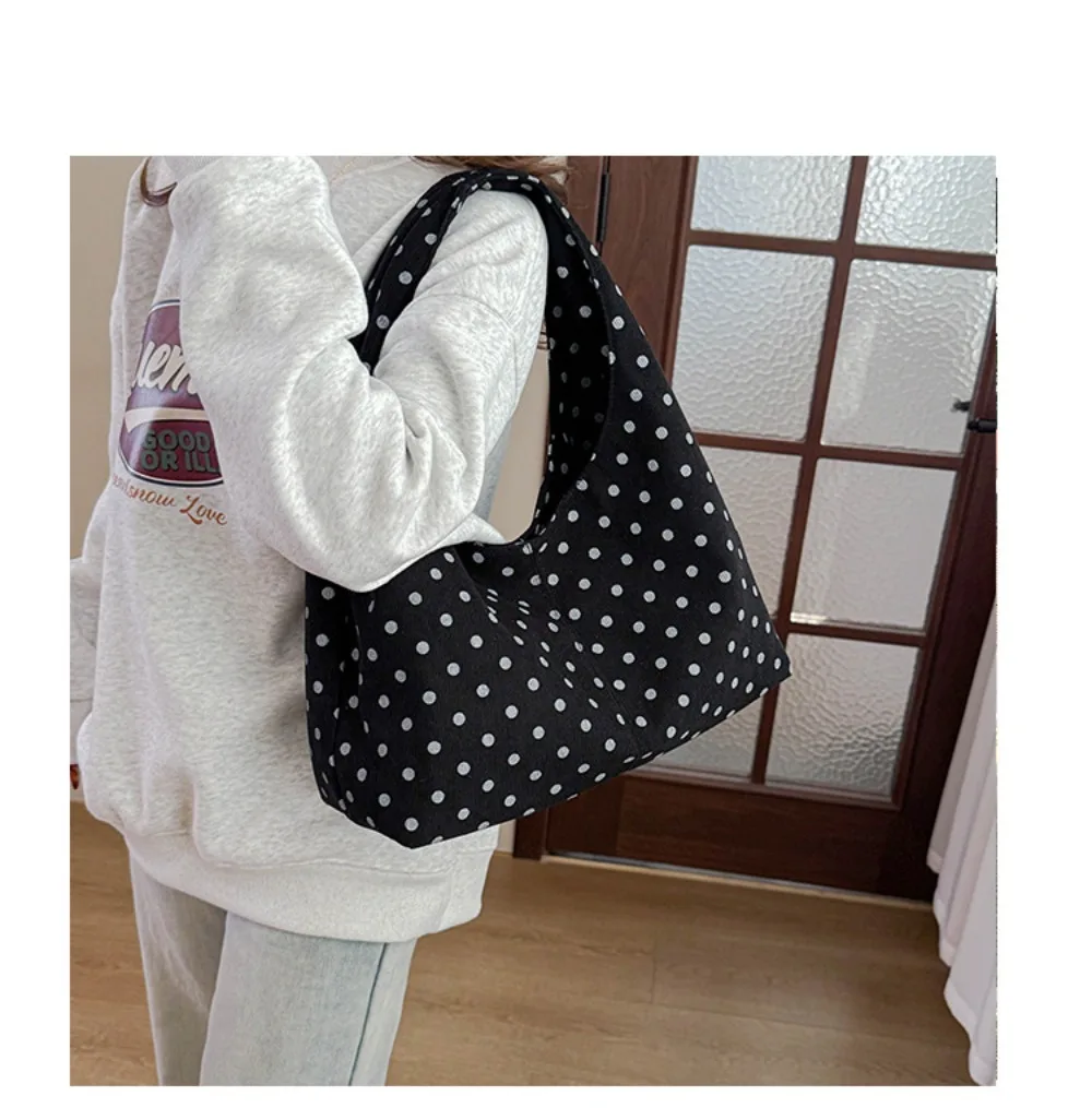 Neue Damenhandtasche mit Polka-Dot-Muster, lässige Umhängetasche aus Cord, große Tragetasche für den täglichen Pendelverkehr – Detail 10