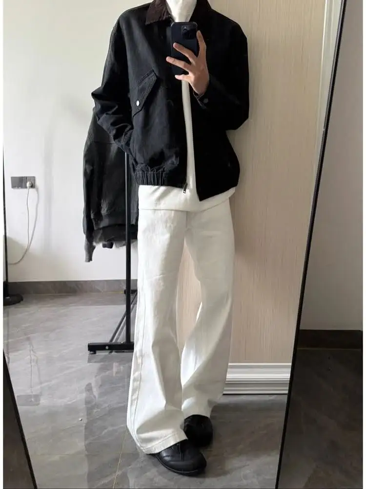 

American Sle Slim Fit High Street Micro Flared White Jeans Men's Autumn Winter Fce Lined Knife Pants Large Size