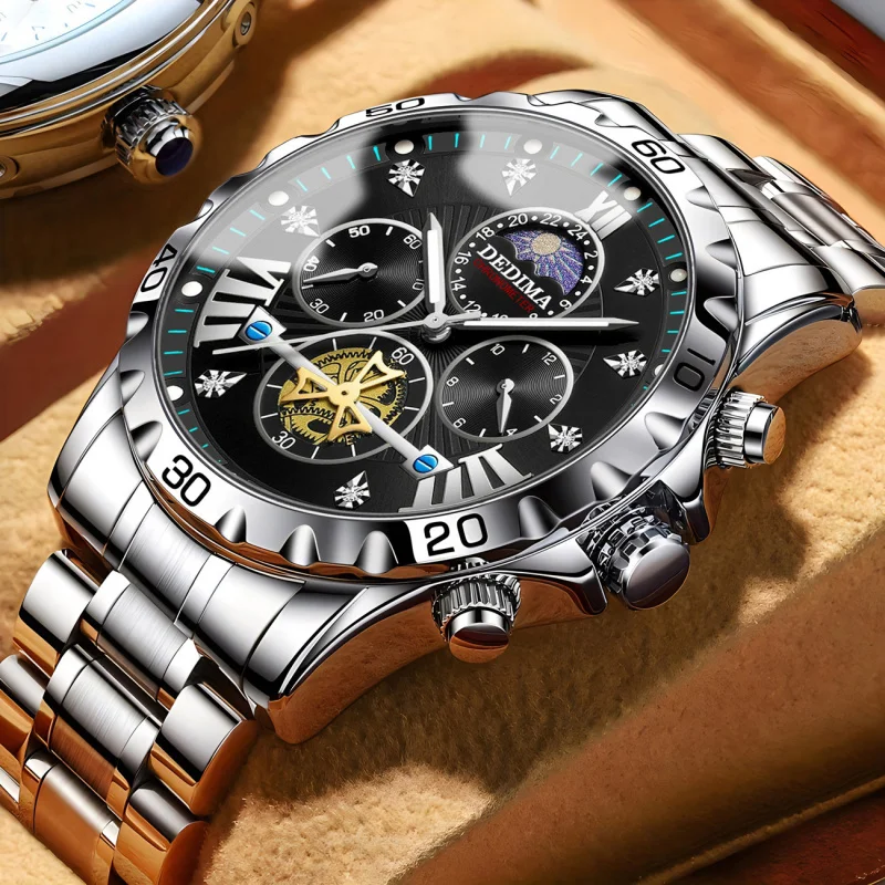 DEDIMA Multifunctional Sports Watch for Men Business Flywheel Luminous Wristwatch High End Steel Waterproof Quartz Men's Watches