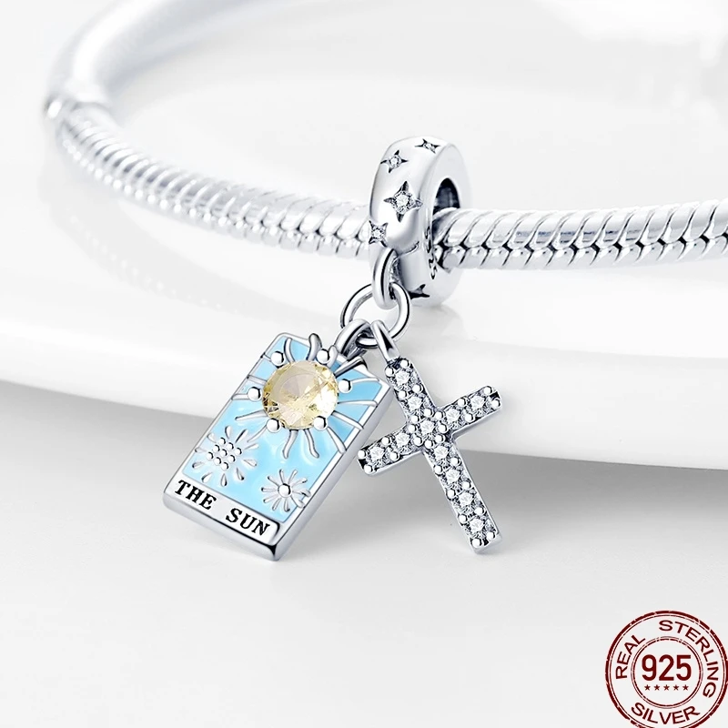New 925 Sterling Silver Tarot Star Moon Sun Cross Bible Holy Blessing Amulet Beads Fit 3MM 925 Original Bracelet DIY Gift
