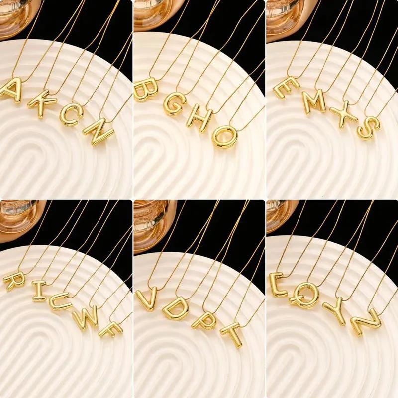 Stainless Steel Chain Gold Color Letter Necklaces Chunky Alphabet Balloon Bubble Initial Pendant Necklace for Women Men Jewelry