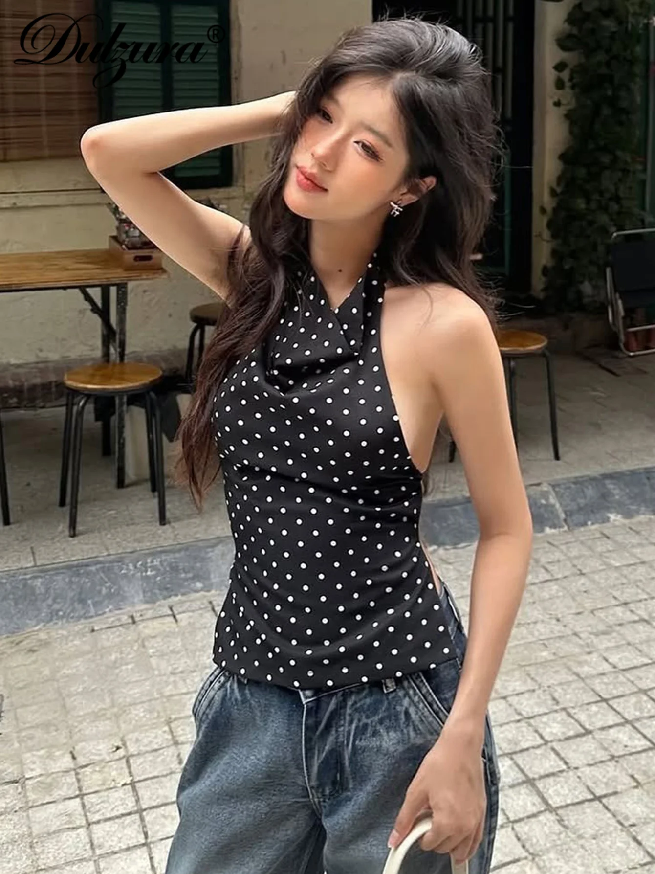 

Dulzura Summer Fashion Sexy Halter Sleeveless Backless Slim Polka Dot Tank Top Women'S Elegant Casual Y2K Top Party Club Clothes