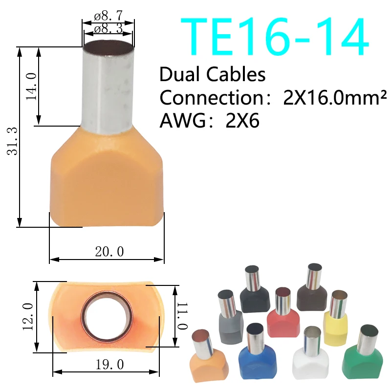 

200PCS 2X16mm² Dual Wires TE16-14 A.W.G. 2X6 Insulated Ferrules Cable Lug Crimp Terminal Copper Tube Connector Electrical Block