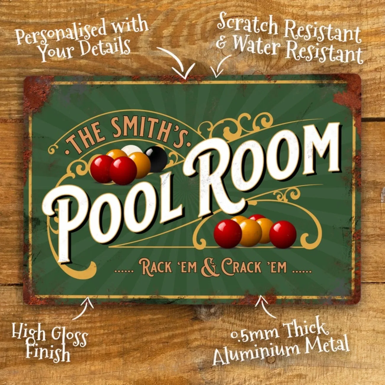 Custom Personalised Pool Room Metal Sign - Waterproof Aluminium for Games Room, Vintage Retro Wall/Door Decor Accessory.