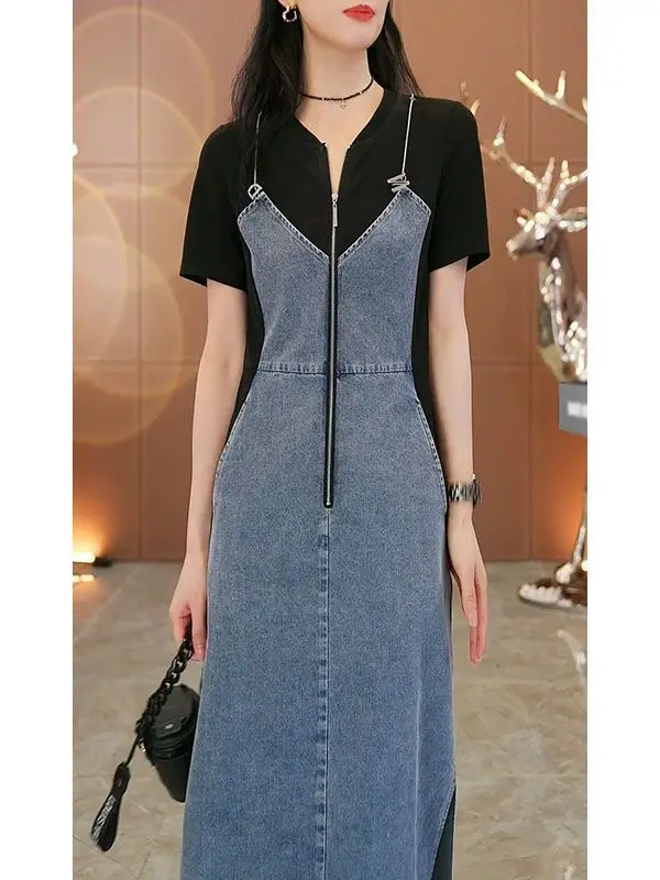 

Women Vestidos Contrasting Colors Patchwork Slim Fit High Waist Denim Dresses Lapel Vestidos Spring Summer 2024 New Style D169