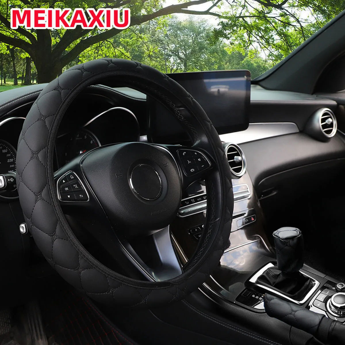 3PCS PU Leather Car Interior Accessories Star Embroidered Steering Wheel Handbrake & Gearshift Cover Set