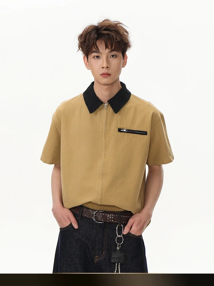 

Мужская рубашка в американском ретро-стиле с цветным воротником и коротким рукавом, летняя универсальная модель для пар, рабочая одежда, хлопковая верхняя одежда
