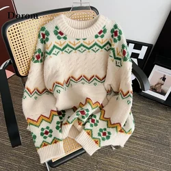 Vintage Flower Christmas Sweaters Women Autumn Japanese O-Neck Loose Pullover Tops Female Harajuku Casual Warm Knitted Jumpers