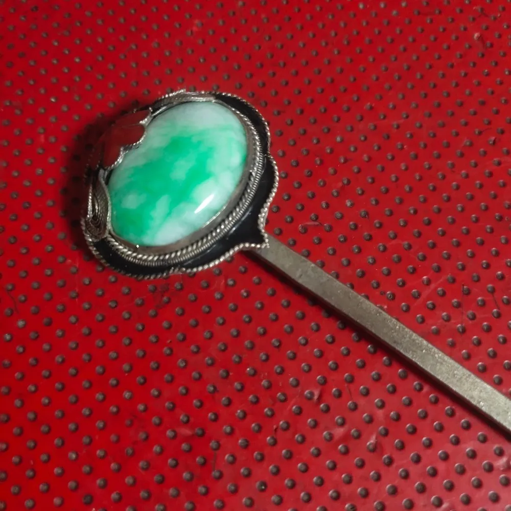 Old Chinese tibetan Silver Hairpin, Jade Inlaid Hair Stick statue