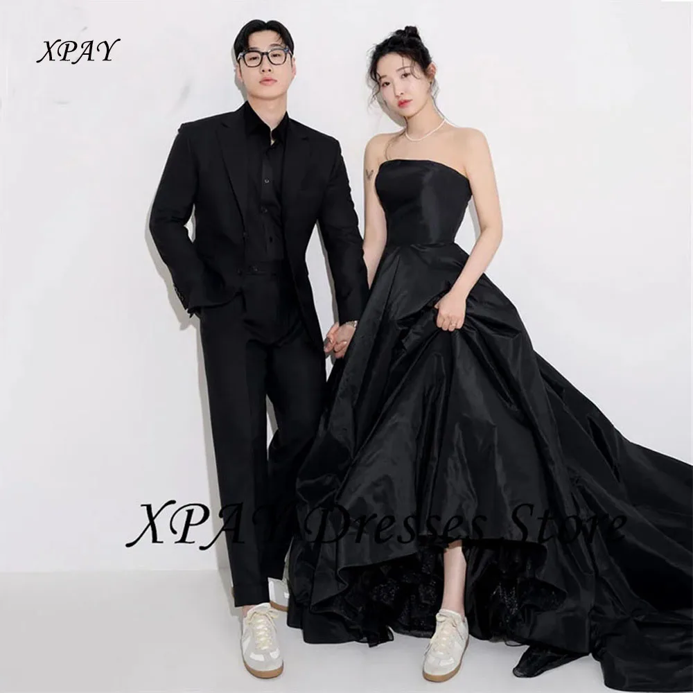 

XPAY Simple Black Korea Wedding Dress Photo Shoot Strapless Customized Formal Party Dress Taffeta Corset Back Bridal Gown