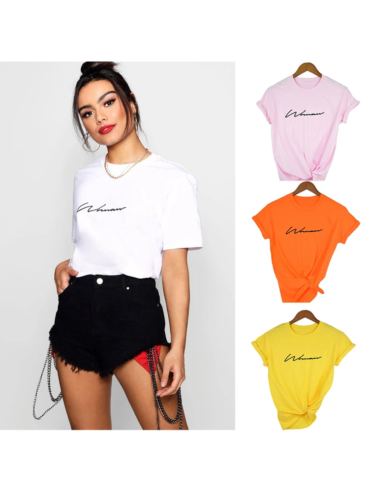 Woman Signature Print Women Tshirt Short Sleeve Shirt Female O-Neck Woman Clothes Shirts Korean Summer Tee Tumblr Camisas Mujer