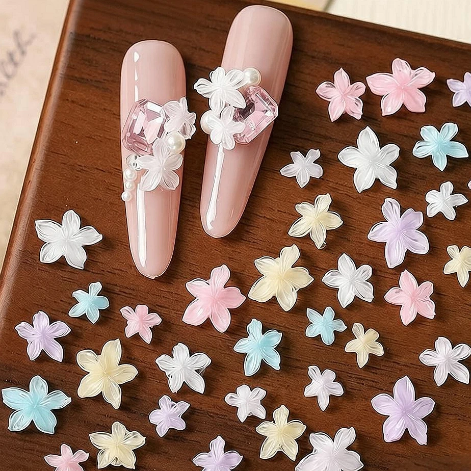 50PCS Ice Clear 3D Acrylic Nail Five-petaled Flower Accessories Charms Parts For Nails Decoration Manicure Supplies Material