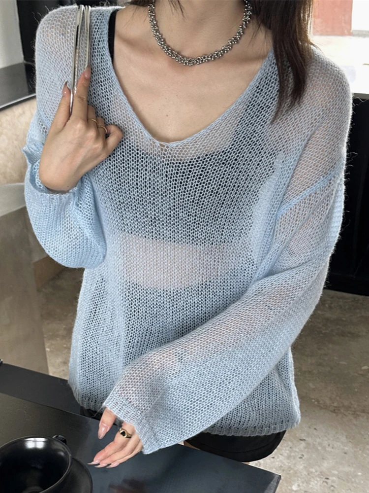 LANMREM Fashion Perspective Wool Knitting Sweater Women V Neck Long Sleeves Solid Color Tops Casual 2024 Spring New 2AA2110