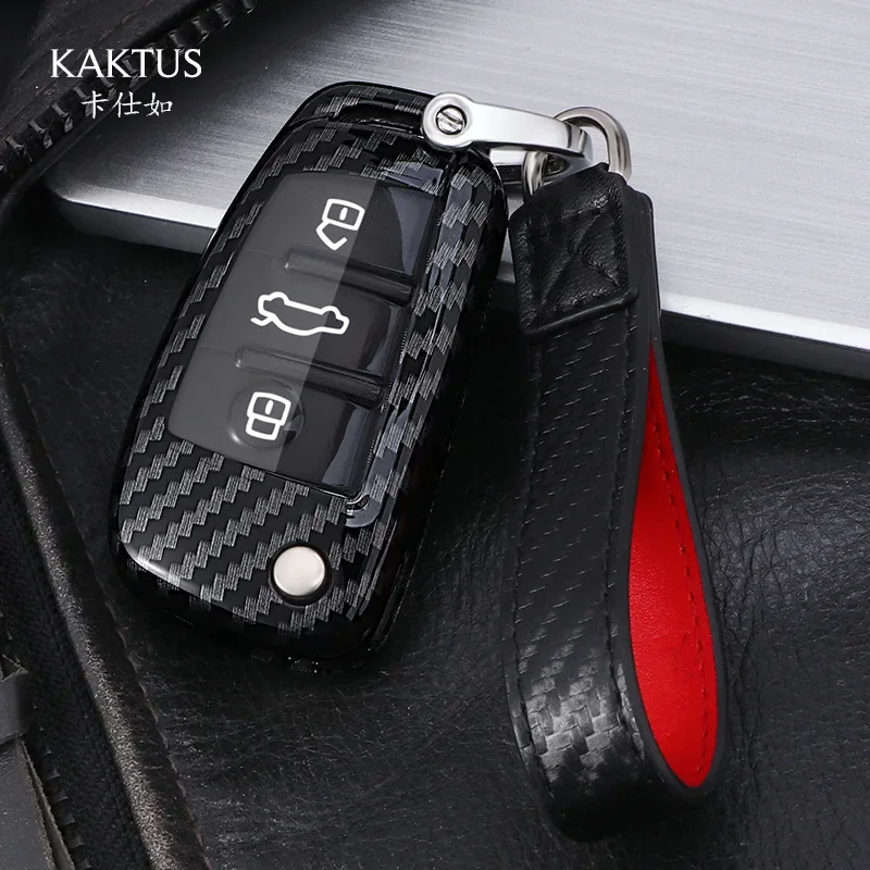 New Fashion Car Key Cover Protection Purse Wallet Keychain for Audi A3 Q3 Q2 Old A6 Key Case Carbon Fiber Pattern Shell Buckle