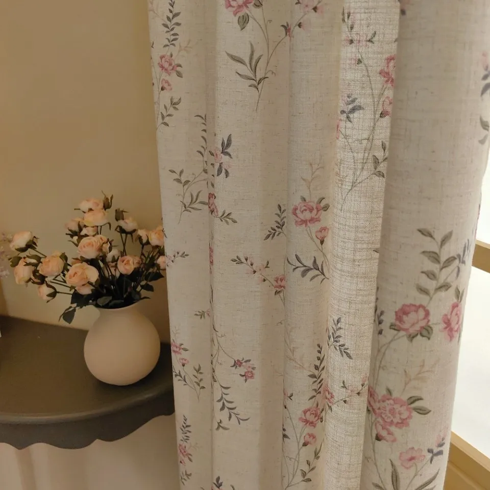 French American pastoral floral high-end cotton and linen semi-shading printed curtains cloth window screen finished curtains