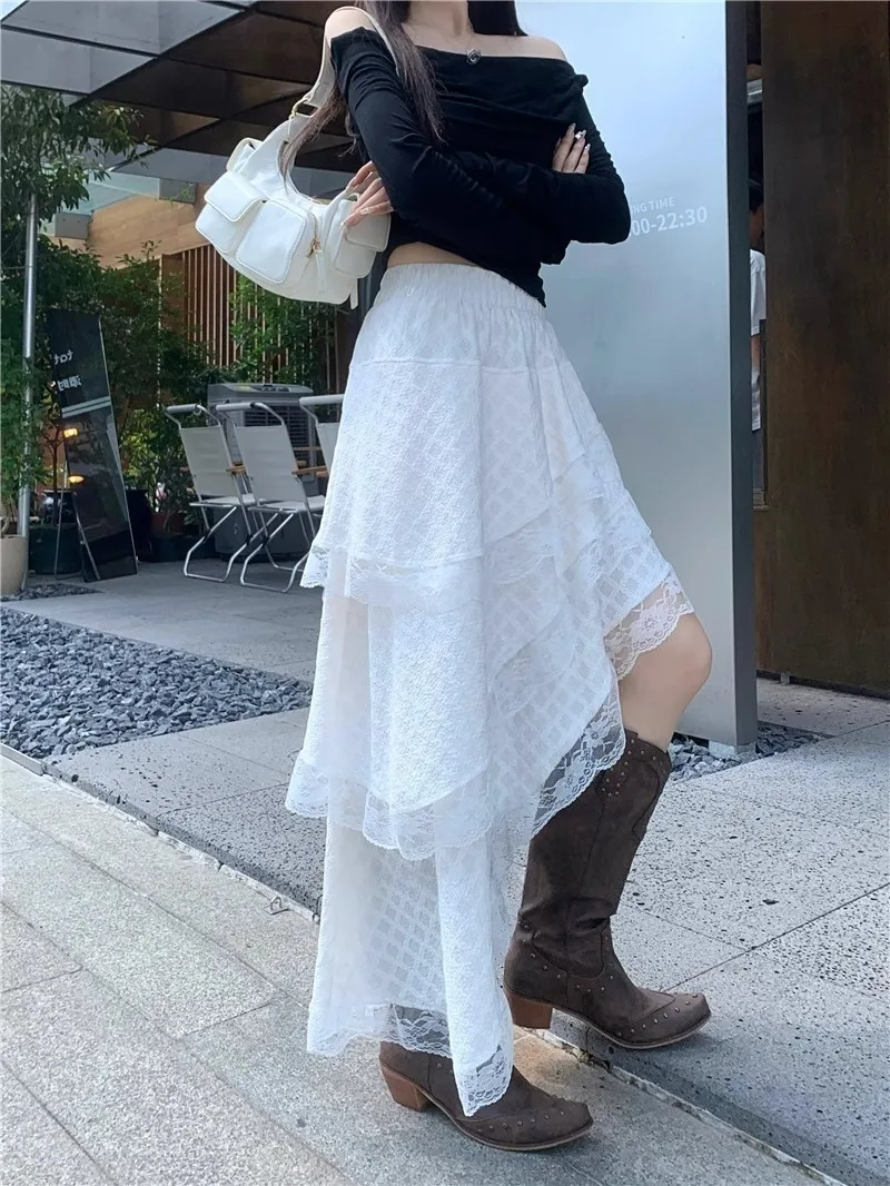 

2025 New White Lace Design High Waist Elastic Skirt Irregular Layered Midi Cake Long Skirt for Women Autumn