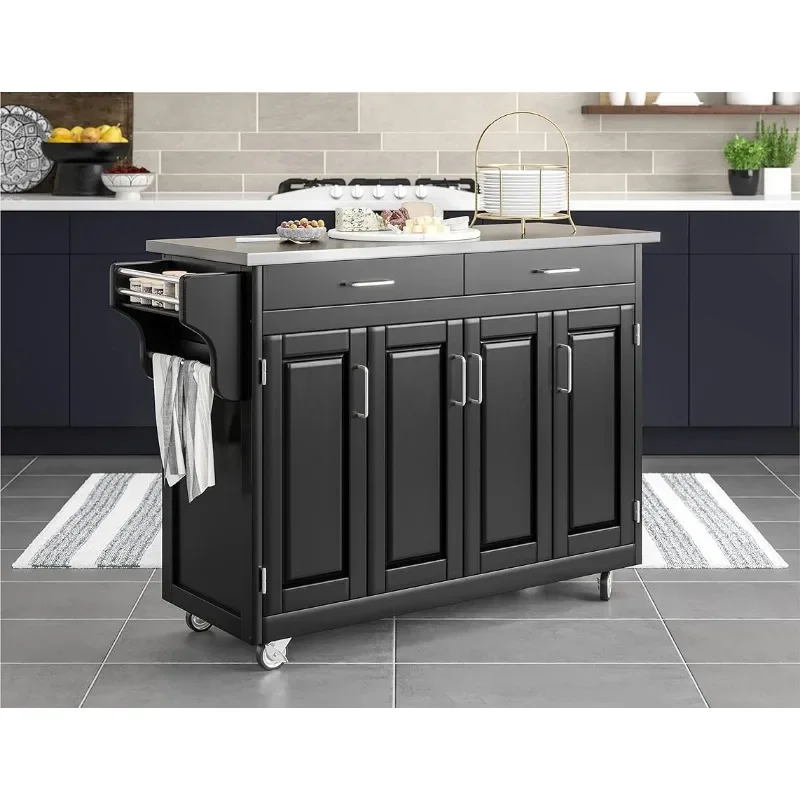 

Home Styles Mobile Create-a-Cart Black Finish Four Door Cabinet Kitchen Cart with Stainless Steel Top Adjustable Shelving