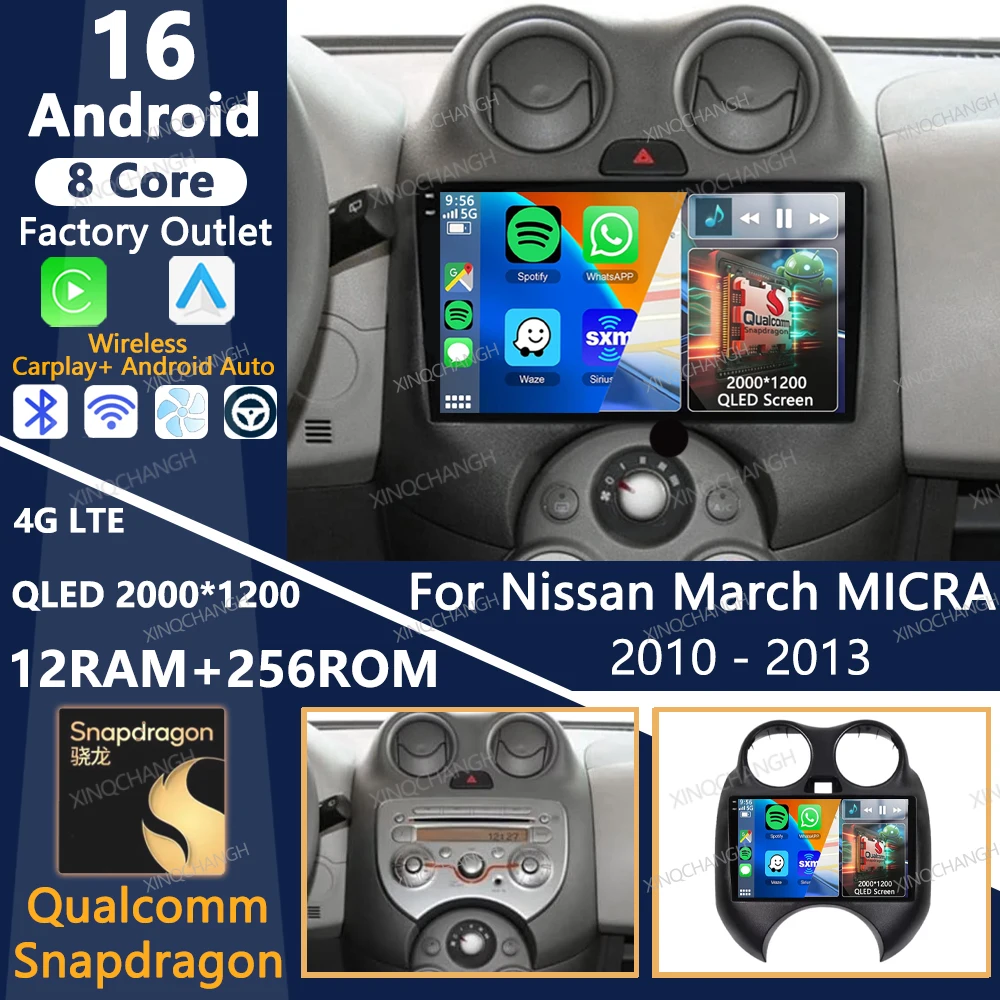 Radio para Auto Android 16 para Nissan March MICRA 2010-2013, Unidad Principal Multimedia, Reproductor de Video, 4G WIFI, BT, QLED, GPS, Carplay, Auto 2DIN