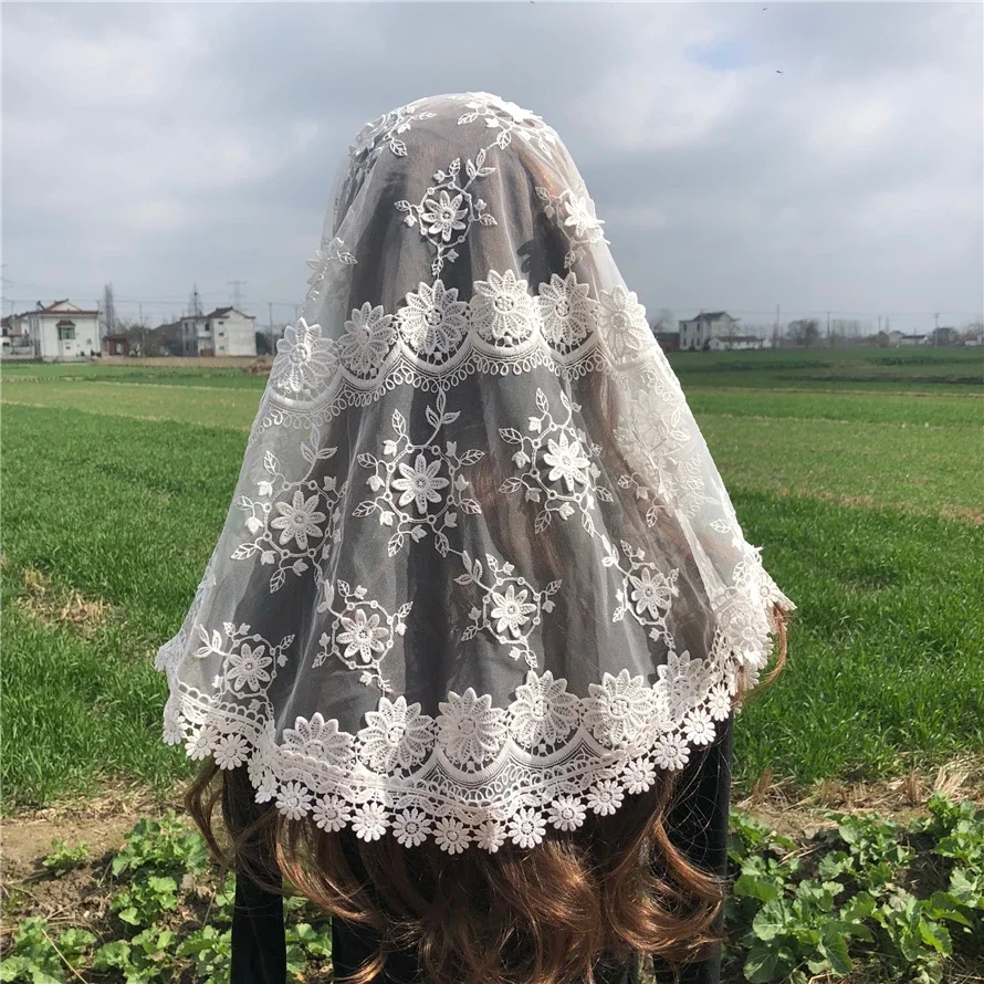 White Women\'s Lace Catholic Veil Mantilla for Church Head Covering Scarf 3D Flower Mass Voile Shawl Kerchief Dentelle Infinity