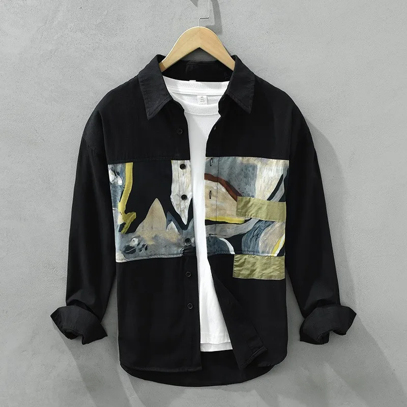 

Casual Cotton Long Sve irt Men's Spring New Sle Japanese Retro Trend Abstract Patterned Men's Casual irt Loose Fit