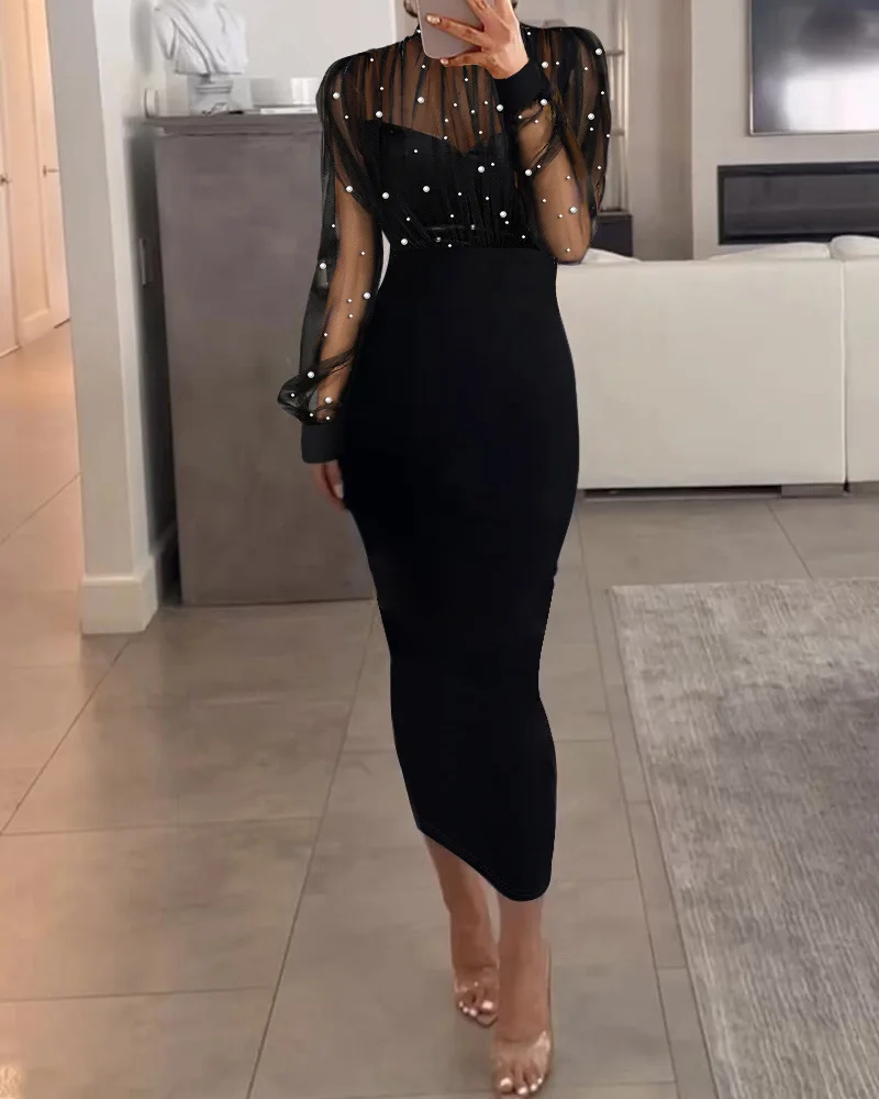 Abito lungo da donna con giunture di perle a rete, manica lunga, vestibilità slim, avvolgente, abiti da sera, tubino, sexy, elegante, a vita alta
