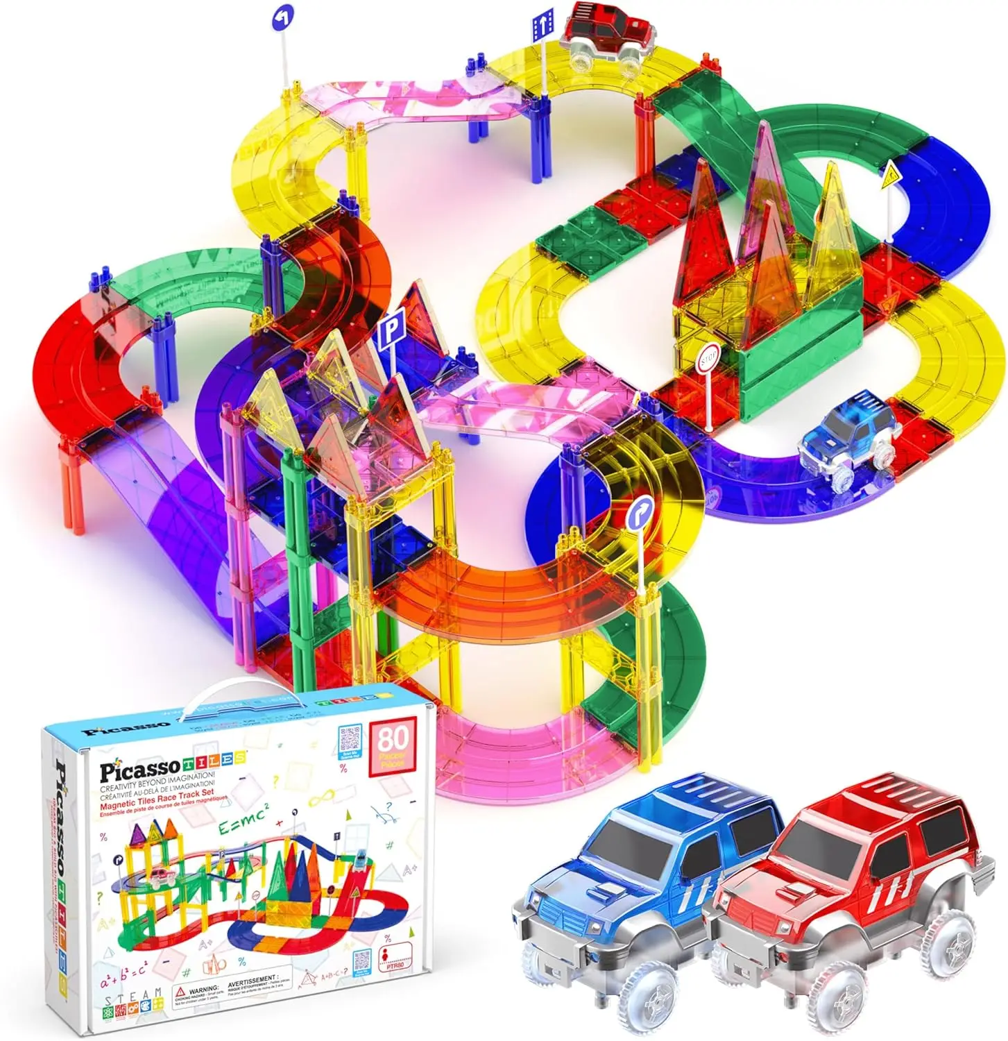 80 Piece Race Car Track Building Block Educational Toy Set Magnetic Tiles Magnet DIY Playset 2 Light Up Car STEM Learning Cons