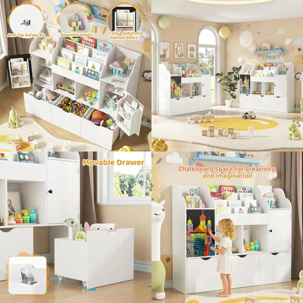 

Детская книжная полка 47.3 с доской для рисования, 3-ярусная, органайзер для игровой комнаты для мальчиков и девочек (белая)