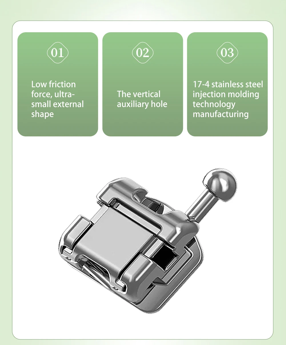 AZDENT Zahnspangen, kieferorthopädische Brackets, selbstligierend, mit bukkaler Röhre, markierter Basis, Roth MBT 0,022, bewegliche Haken 345, inklusive Werkzeug. – Detail 3