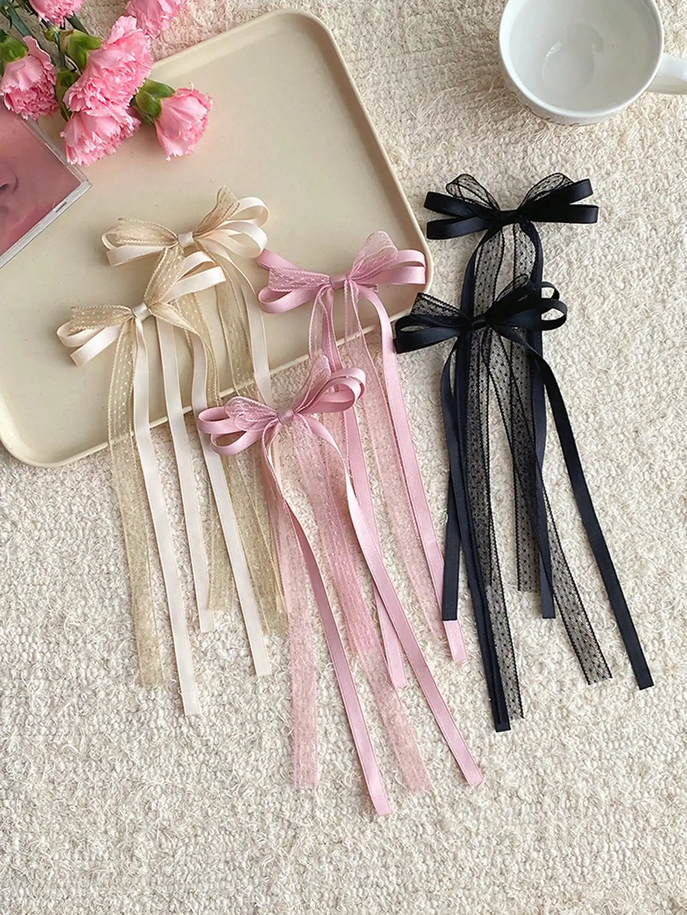 

2pcs Black/Beige/Pink 27cm/10.62in Extra Long Lace Mesh Ribbon Bow Hair Clips, Elegant Cute Simple Fashion Streetwear High-End Satin Lace Mesh Bow Retro Palace Style Minimalist, Suitable For Women Daily Decoration, Hairstyling, Makeup, Commute, Vacation