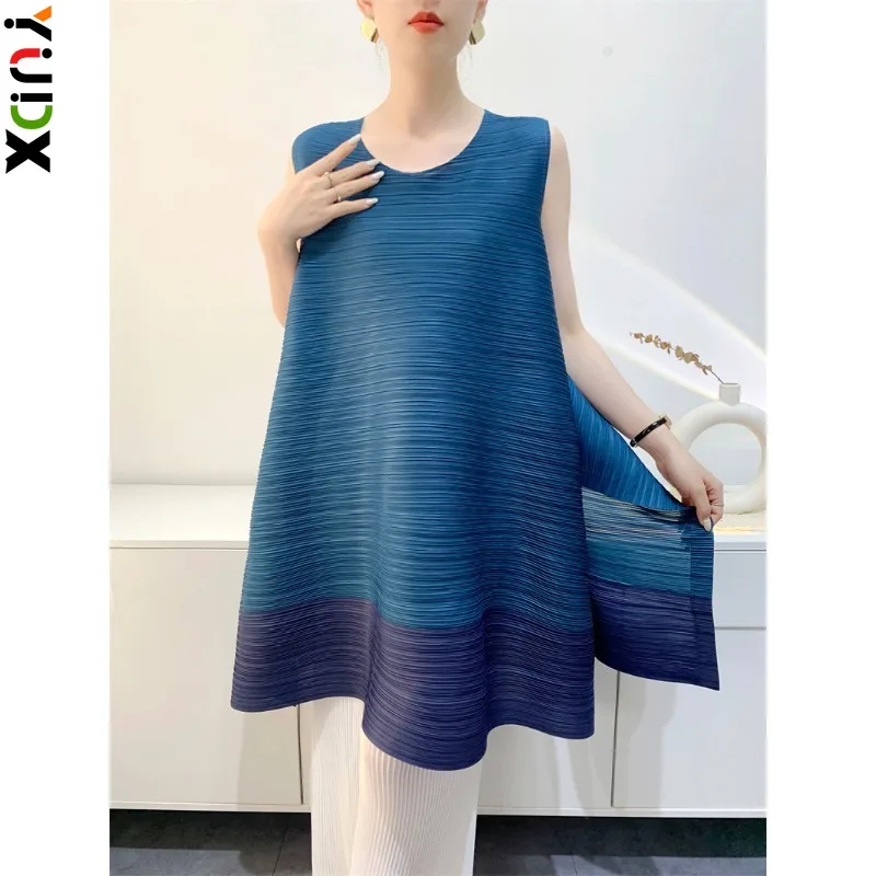 

YUDX Miyake Pleated Tops Women's Mid-Length Colorblocking T-Shirt Loose Plus Size Comfortable Casual Women's 2024 Summer New