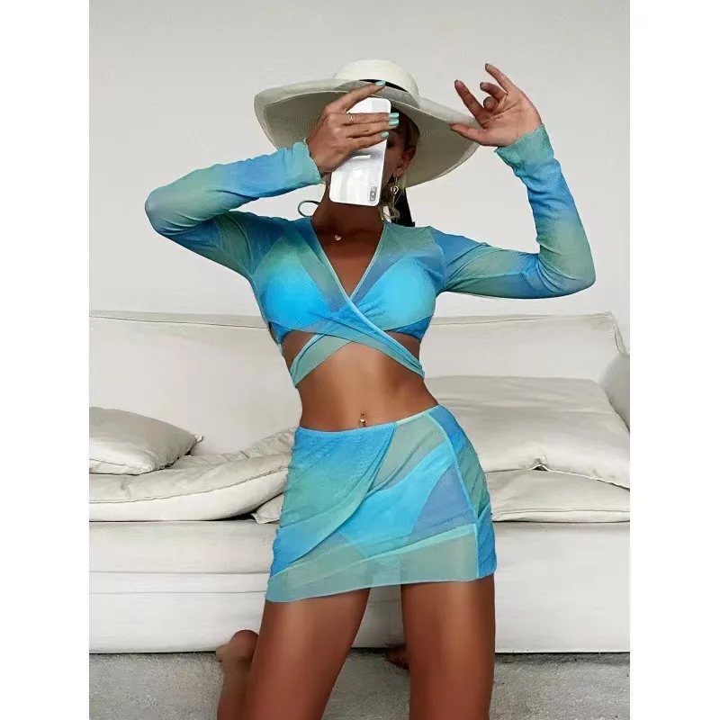 

2024 New Women's Four-Piece Swimsuit Set Long Sve Netting Beachwear Bikini Sun Protection Cross-Border Sports Fitn