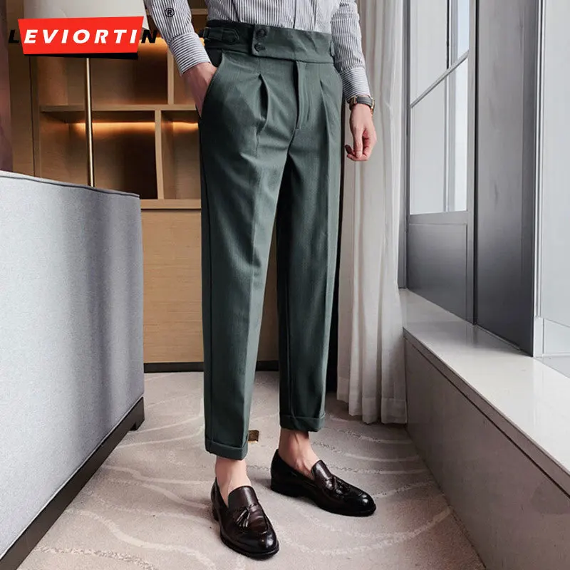 Dating office man Naples draped high waisted straight leg pants with striped curly hem casual suit pants 2023 Spring and Autumn