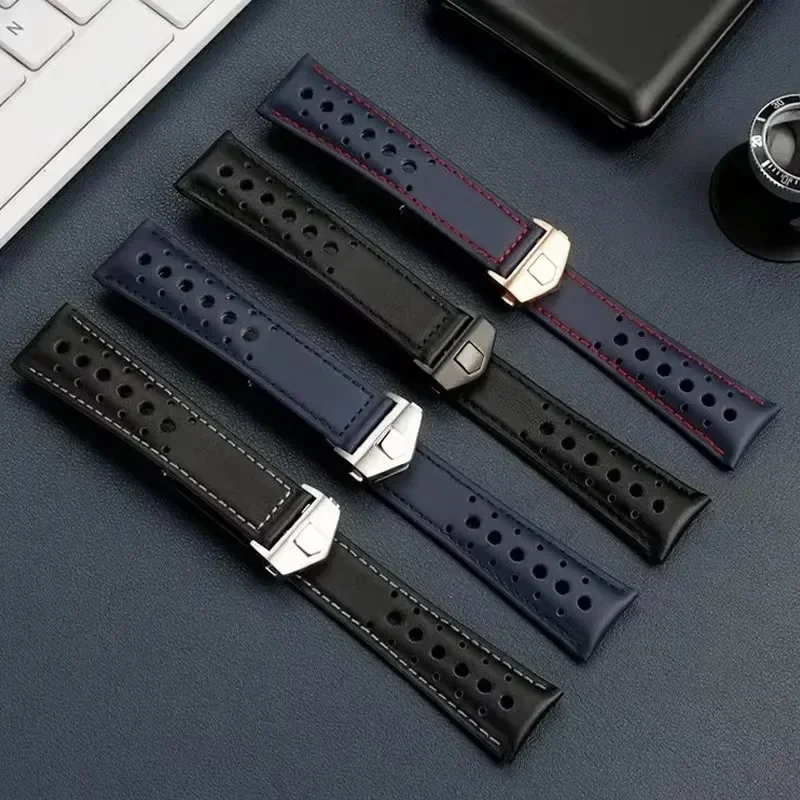 Watch Bands 22mm For TAG HEUER MONACO CARRERA CBL2115 Men's Breathable Genuine Leather Watch Strap Folding Buckle Bracelet