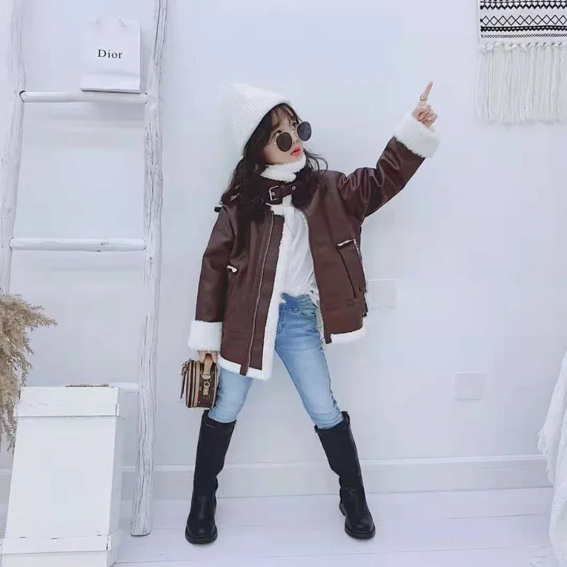Girls Jacket Leather Motorcycle Kids Coats Fleece Children Jacket Winter Autumn