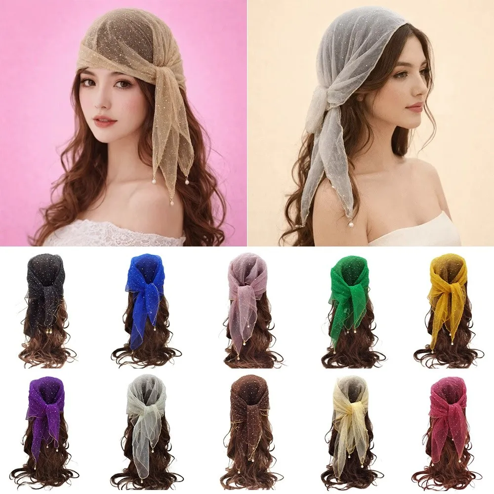 

Fashion Pearl Tassel Diamond Hijab Rhinestone Full Sky Pearl Tassel Scarf Thin Veil Breathable Hijab Headband Women Headwear