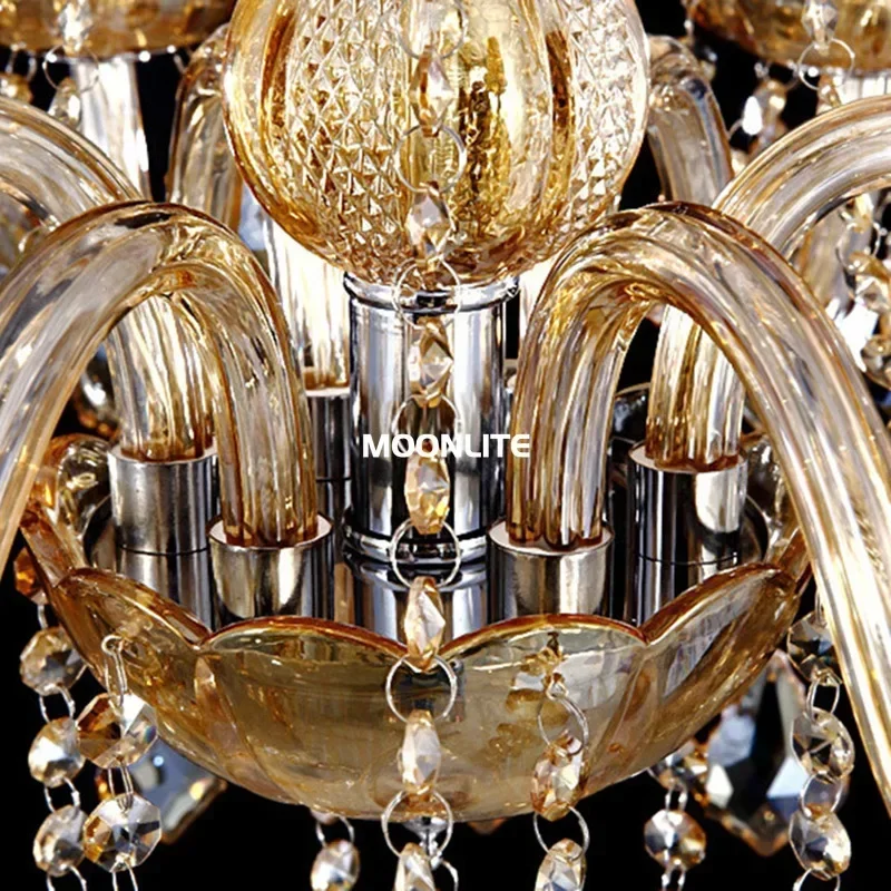 

European style cognac crystal chandelier for living room dining room bedroom hotel caf é candle chandelier with fabric lampshade