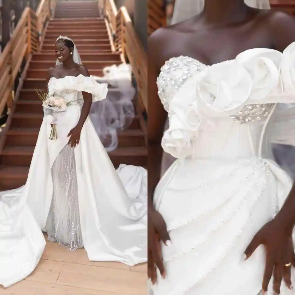 Black Girls Luxury Wedding Dresses For Women Off Shoulder 3D Flowers Crystal Mermaid Bridal Gowns  Vestido Blanco Customized
