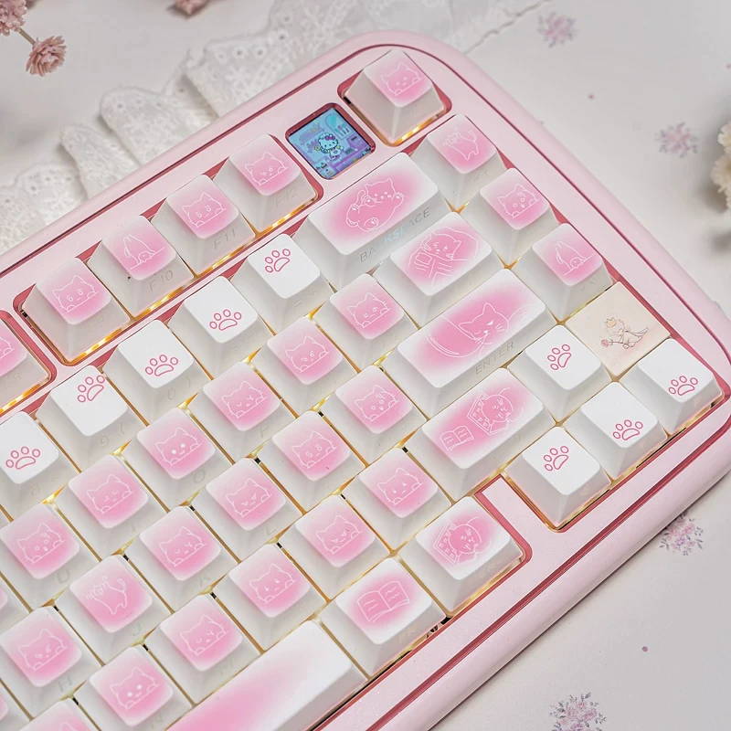 Pink Rouge Kitten PBT Keycaps,130 Keys Doubleshot Side Print Shine Through Keyboard Caps For MX Switches Mechanical Keyboards