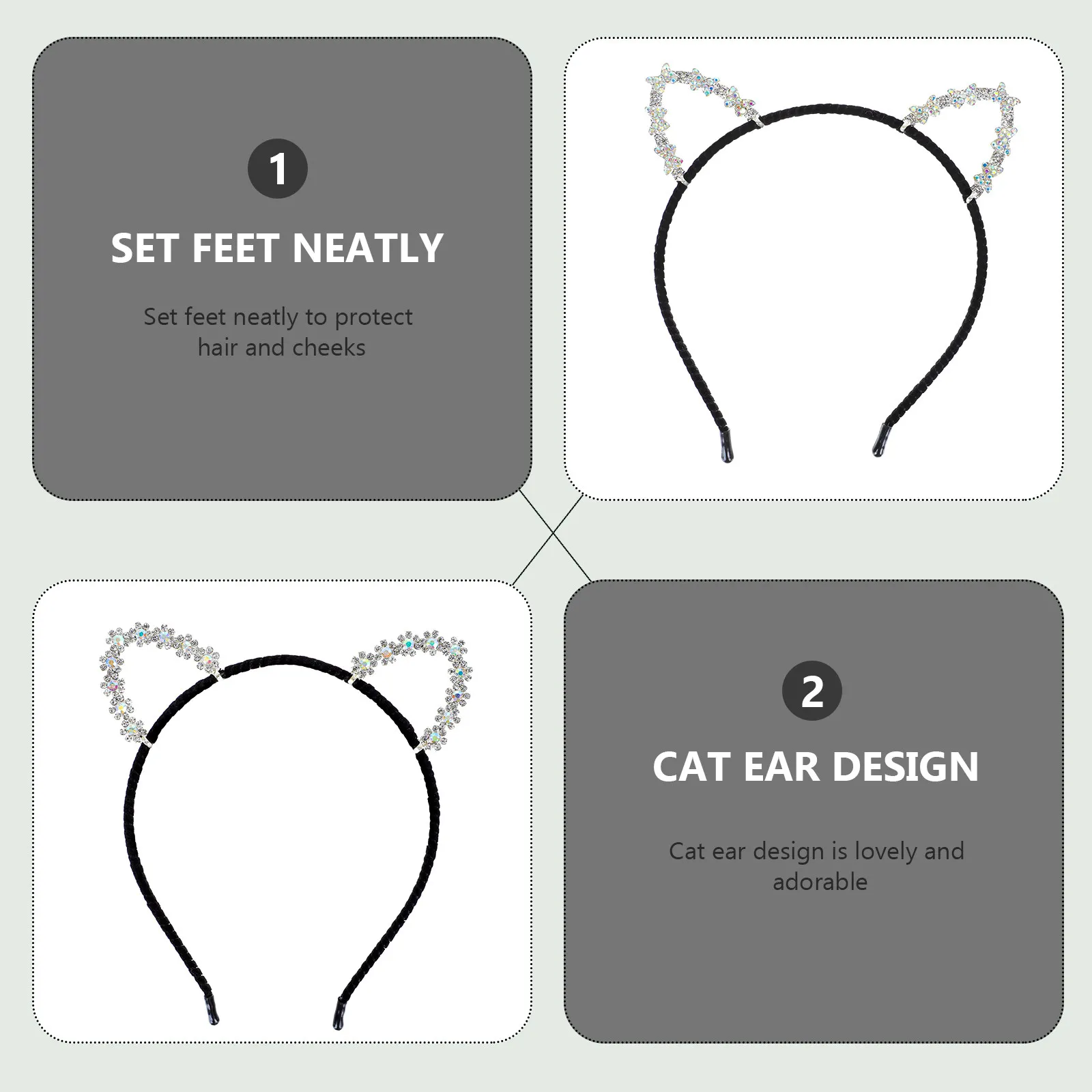 

2Pcs Cat Ear Hairband Stainless Steel Party Costume Accessory Lovely Cartoon Headwear Holiday Cosplay Rhinestone Headband