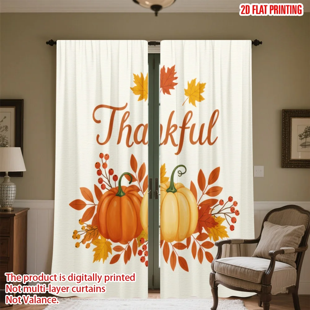 

2D flat printing 2pcs Party Curtains Thanksgiving Pumpkins and Leaves Digital Printed Polyester Drapes Festive Curtains for