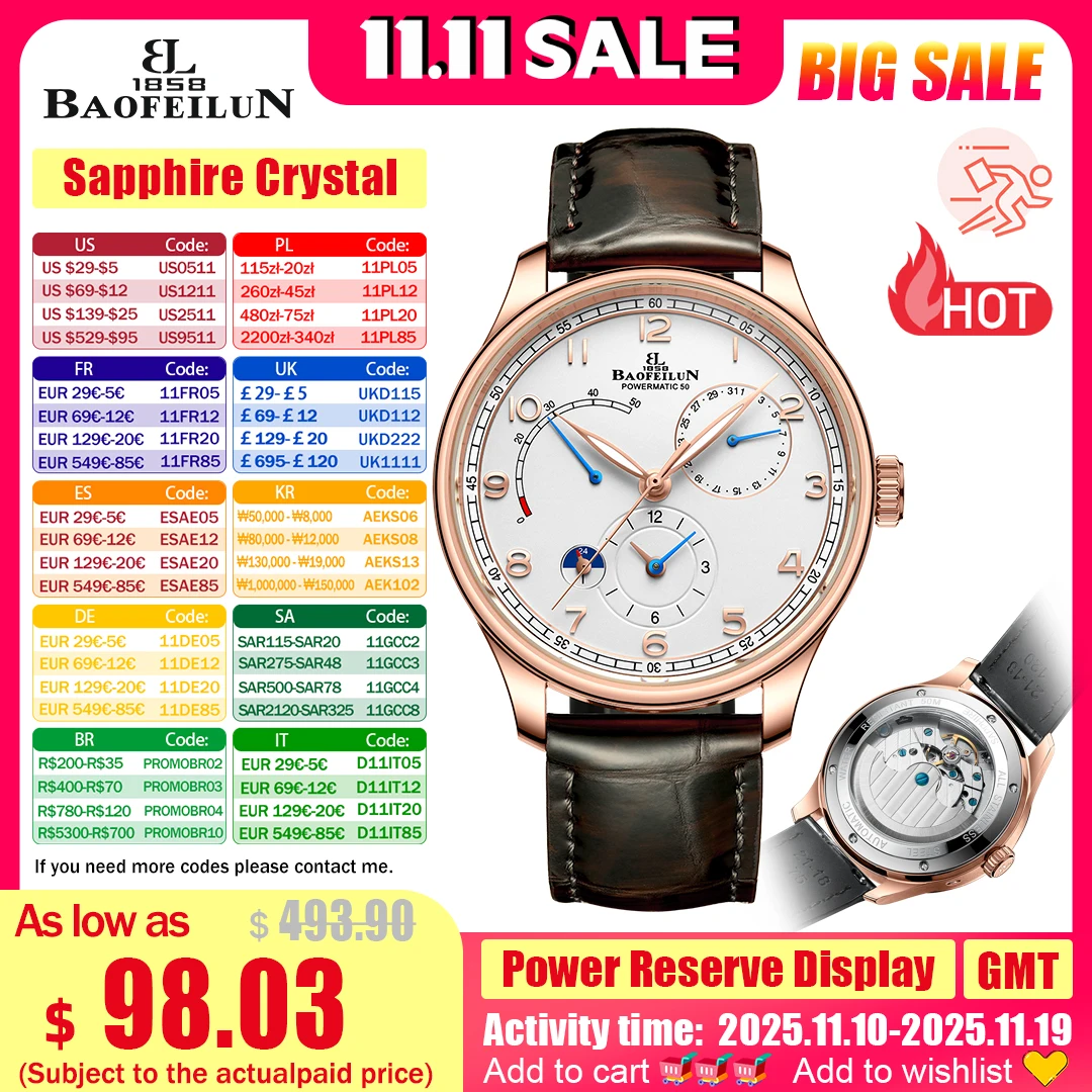 

BAOFEILUN Automatic Watches for Men Power Reserve Display GMT Date 43mm 50m Waterproof Sapphire Crystal Leather Strap Men's Gift