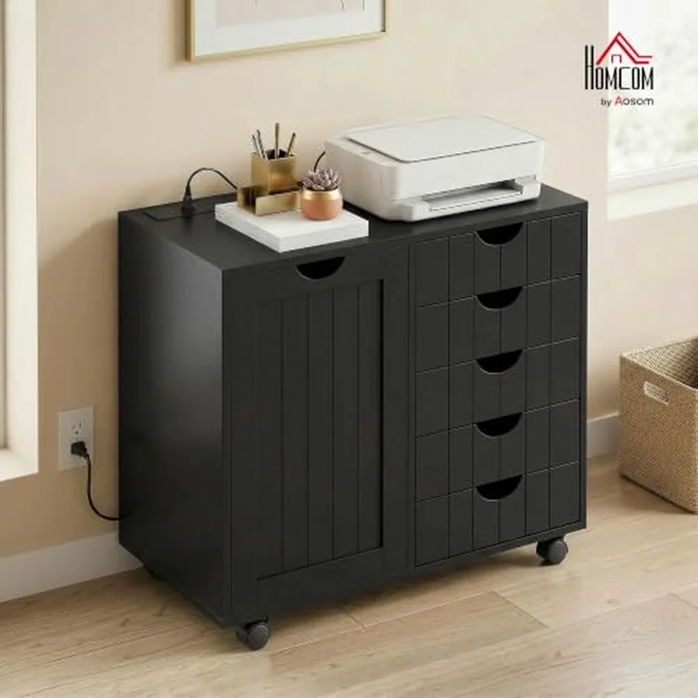 Mobile Lateral Filing Cabinet with 5 Drawers Printer Stand with Power Outlets and USB Ports Rolling File Cabinet with